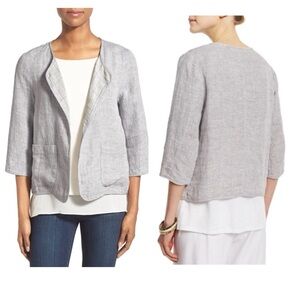 Eileen Fisher Round Neck Open Front light gray linen jacket 1X